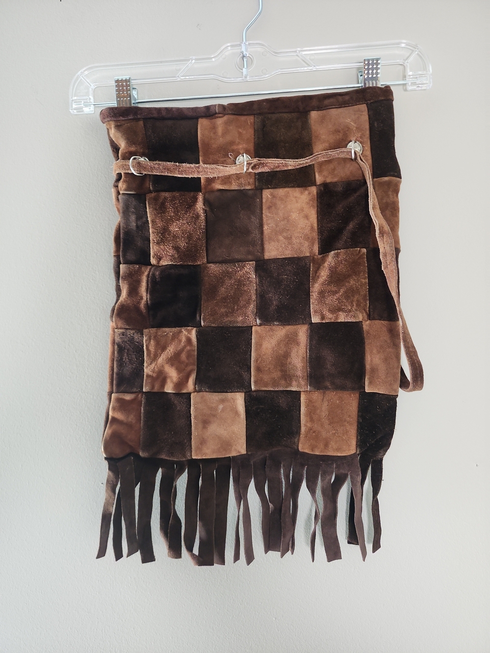 1970's Patchwork Suede Fringe Spain Drawstring Boho  Pouch